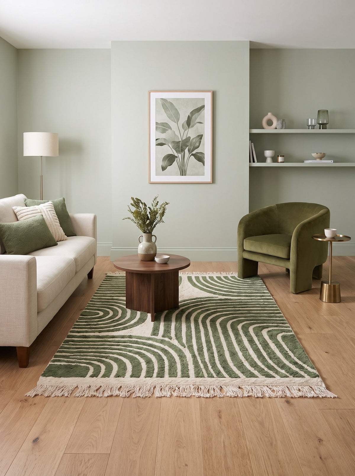 Tapis berbère graphique vert et blanc Tensift dans un salon, noué main au Maroc