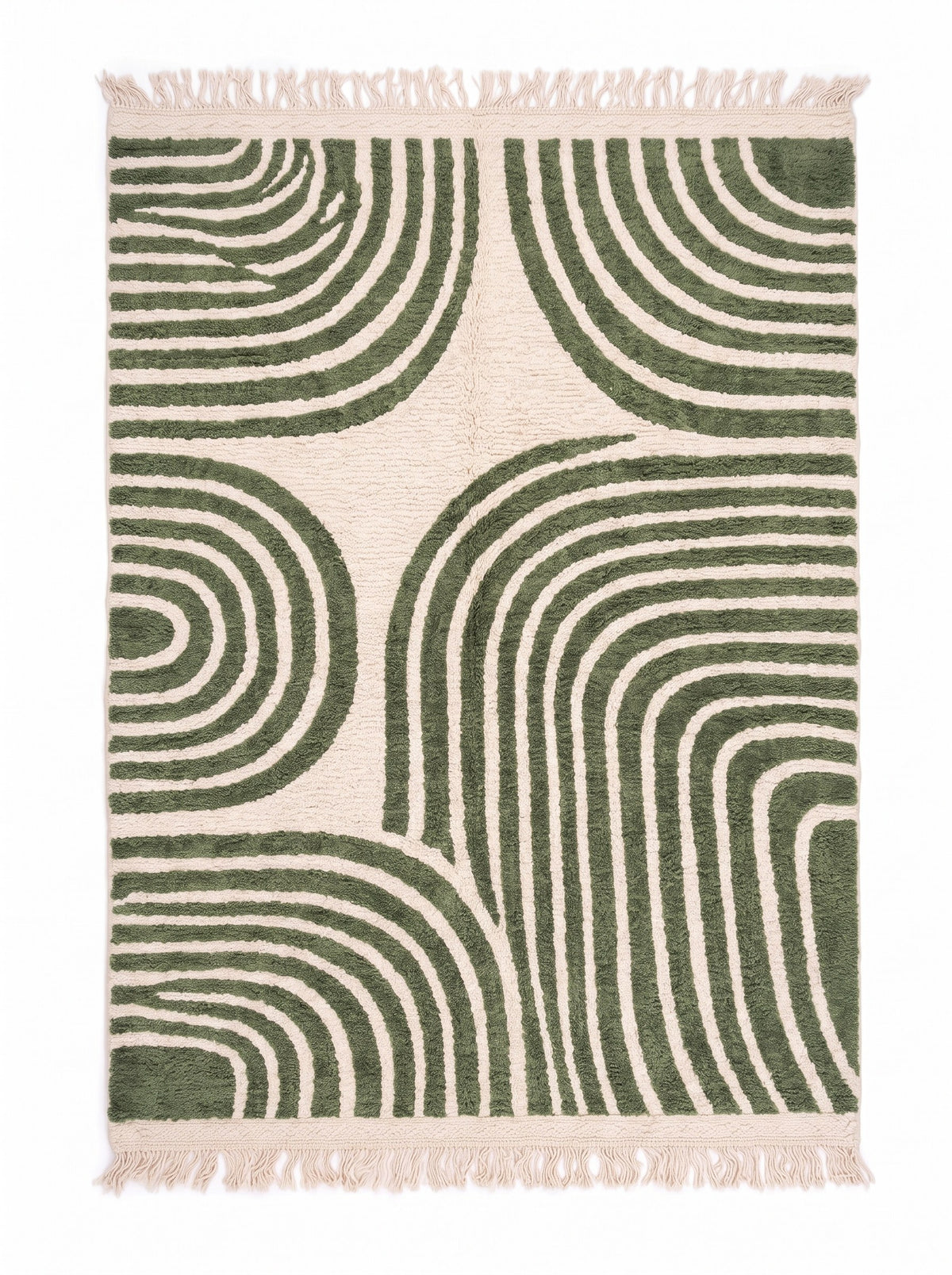 Tapis berbère graphique vert et blanc Tensift vu à plat, fond écru à poil bouclé dense, franges écrues