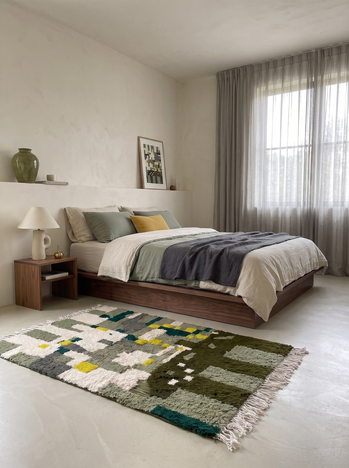 Tapis berbère graphique vert et jaune Taliouine dans une chambre, noué main au Maroc
