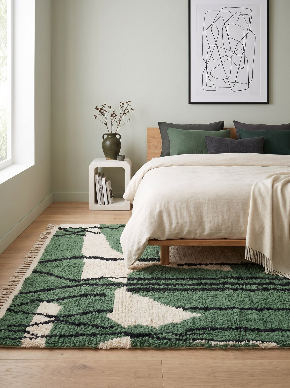 Tapis berbère graphique vert et noir Azrou dans une chambre, noué main au Maroc