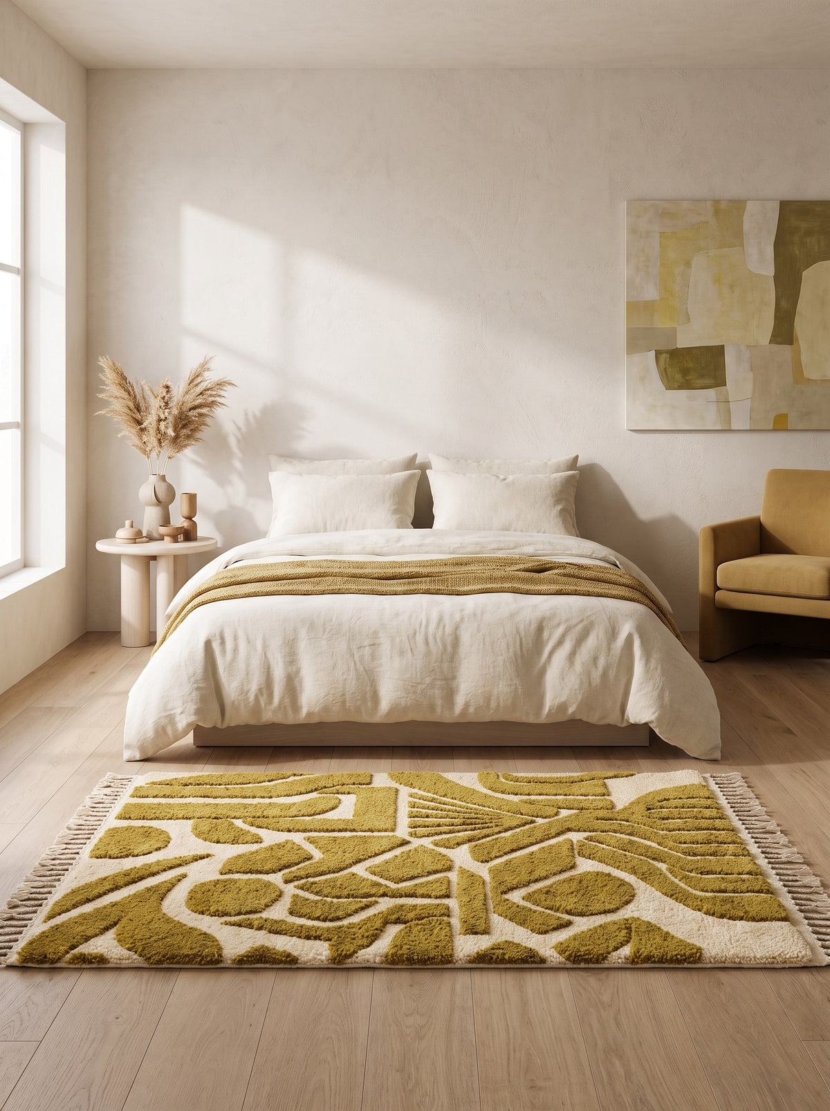 Adlan graphic Berber rug in olive green, in a bedroom, hand-knotted in Morocco