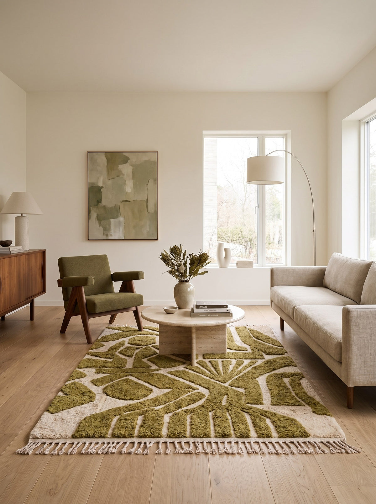 Adlan graphic Berber rug in olive green, in another living room, hand-knotted in Morocco