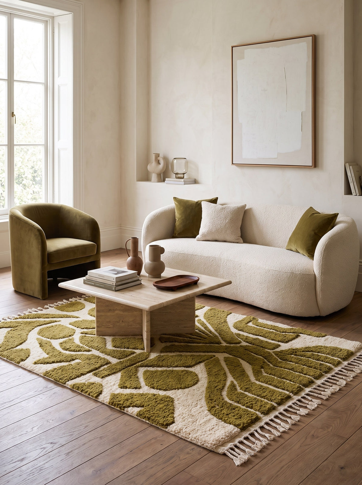 Tapis berbère graphique vert olive Adlan dans un salon, noué main au Maroc
