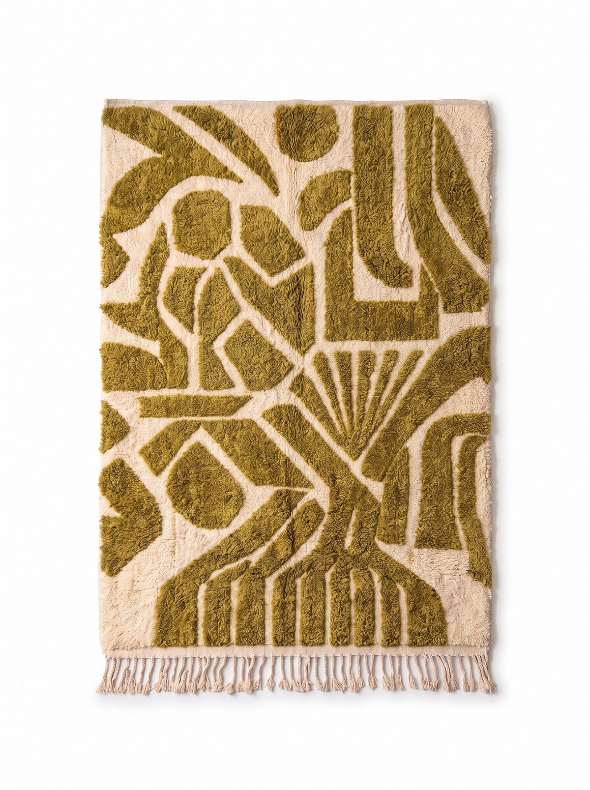 Adlan graphic Berber rug in olive green, laid flat, cream background, large raised olive green shapes