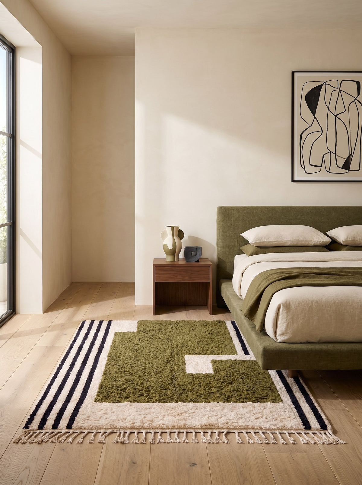 Tapis berbère graphique vert olive Angour dans une chambre, noué main au Maroc