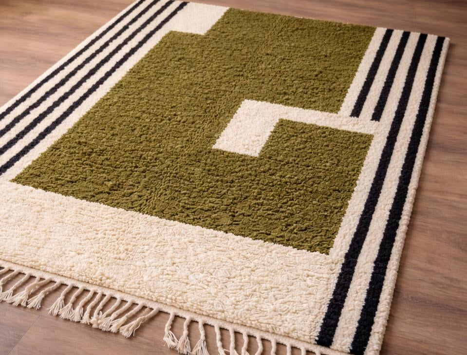 Gros plan sur un détail du tapis berbère Angour, poil moyen et motif vert olive vus de près