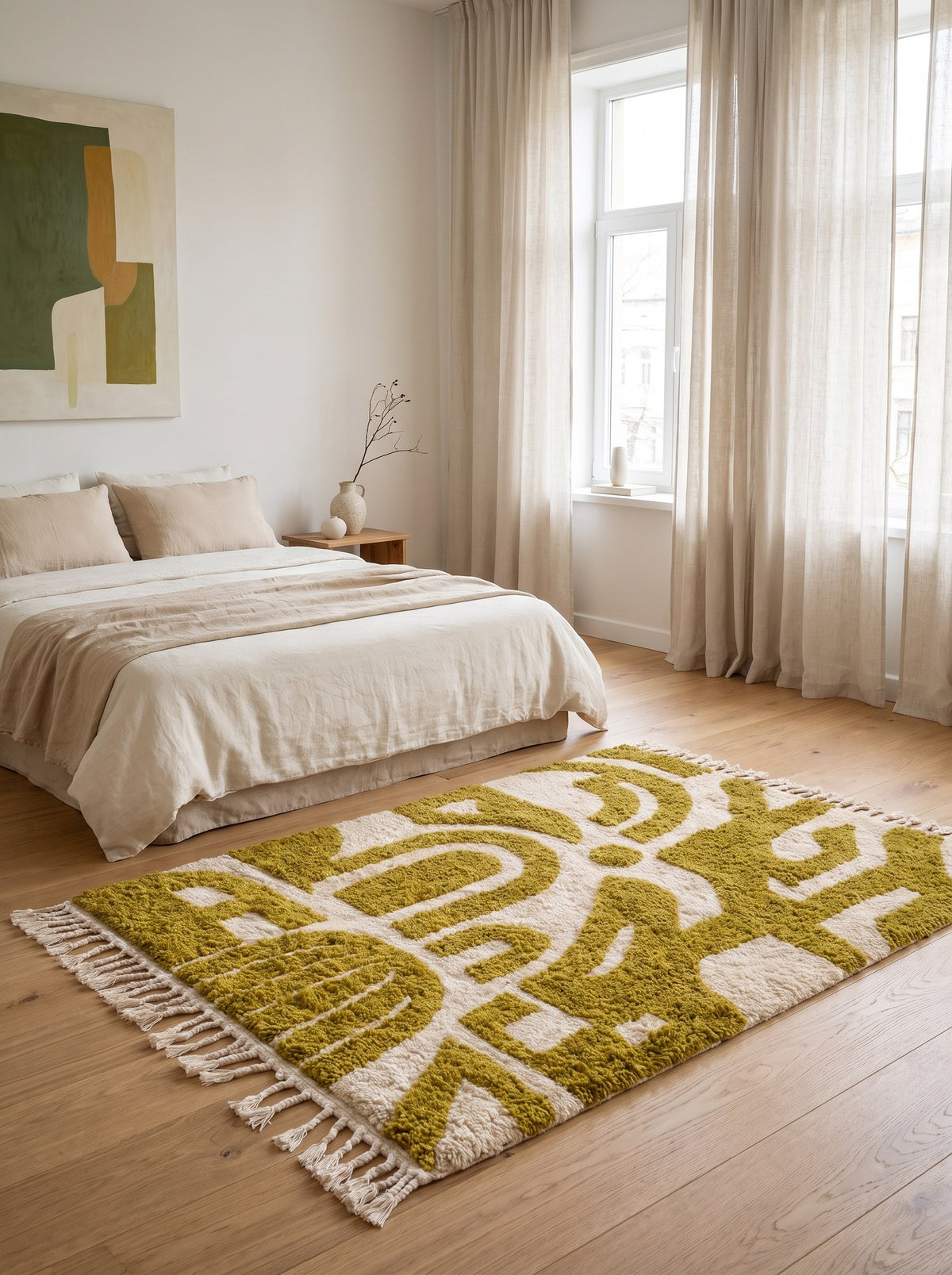 Tapis berbère graphique vert olive et blanc Nerilt dans une chambre, noué main au Maroc