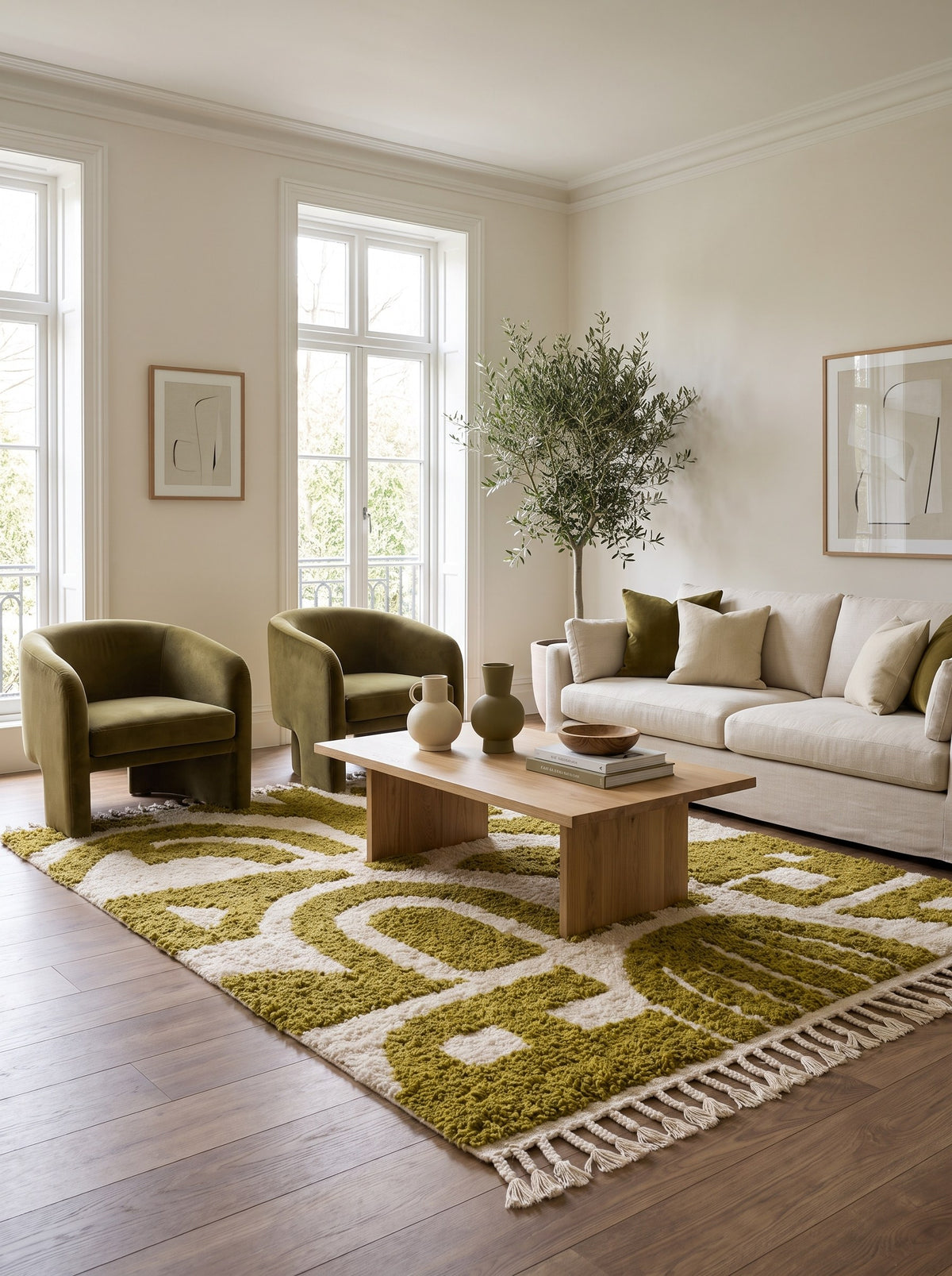 Tapis berbère graphique vert olive et blanc Nerilt dans un autre salon, noué main au Maroc