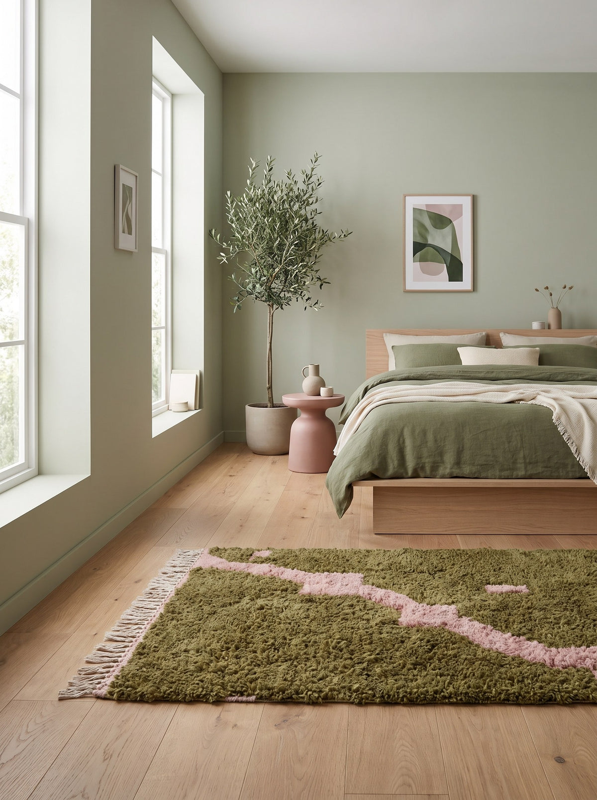 Tapis berbère graphique vert olive et rose Nekor dans une chambre, noué main au Maroc