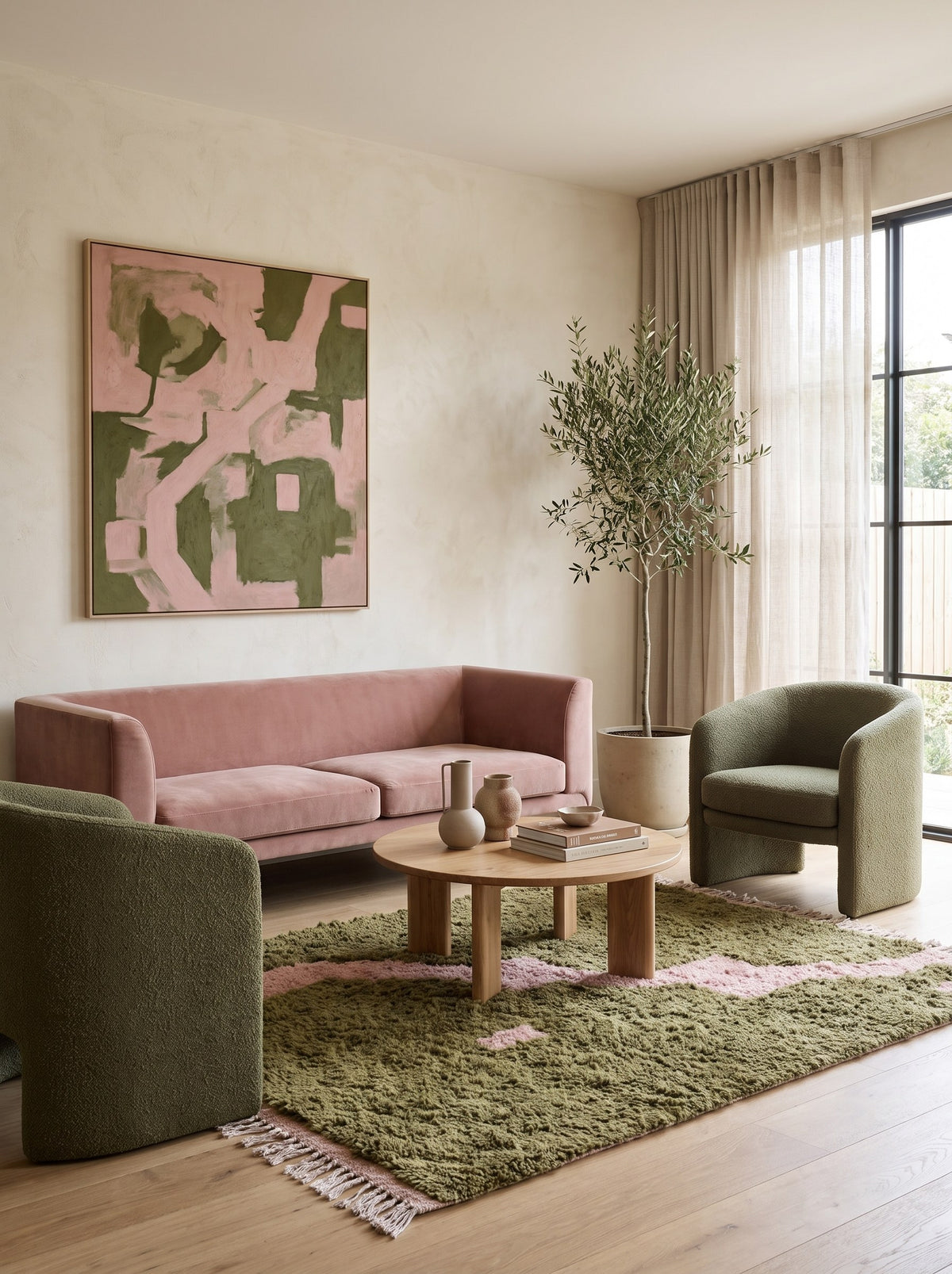 Tapis berbère graphique vert olive et rose Nekor dans un autre salon, noué main au Maroc