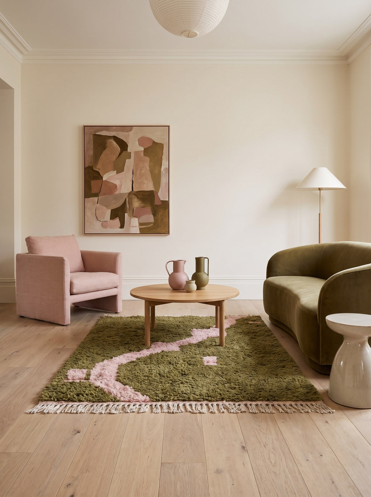 Tapis berbère graphique vert olive et rose Nekor dans un salon, noué main au Maroc