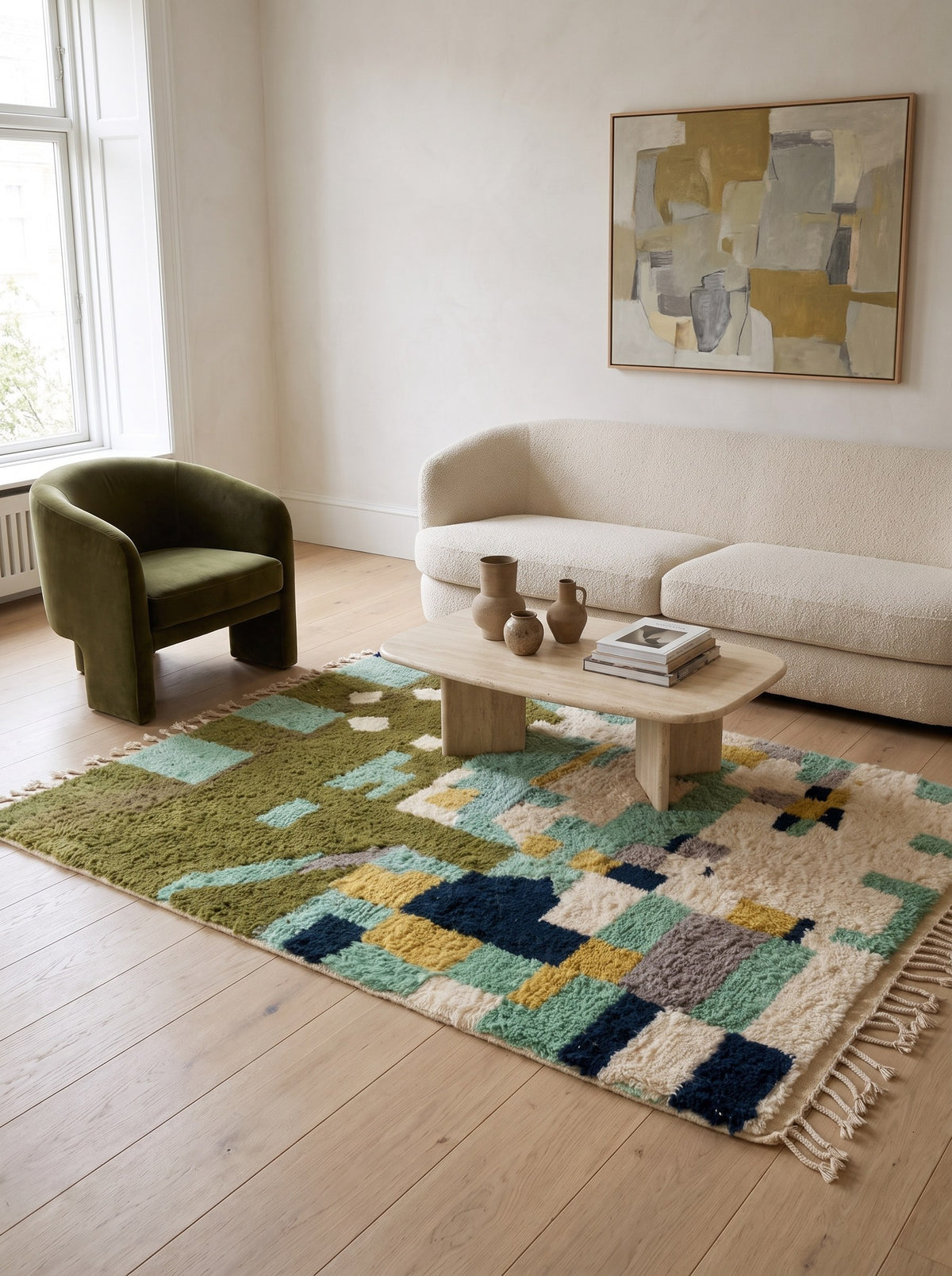 Tapis berbère graphique vert olive Issafen dans un autre salon, noué main au Maroc