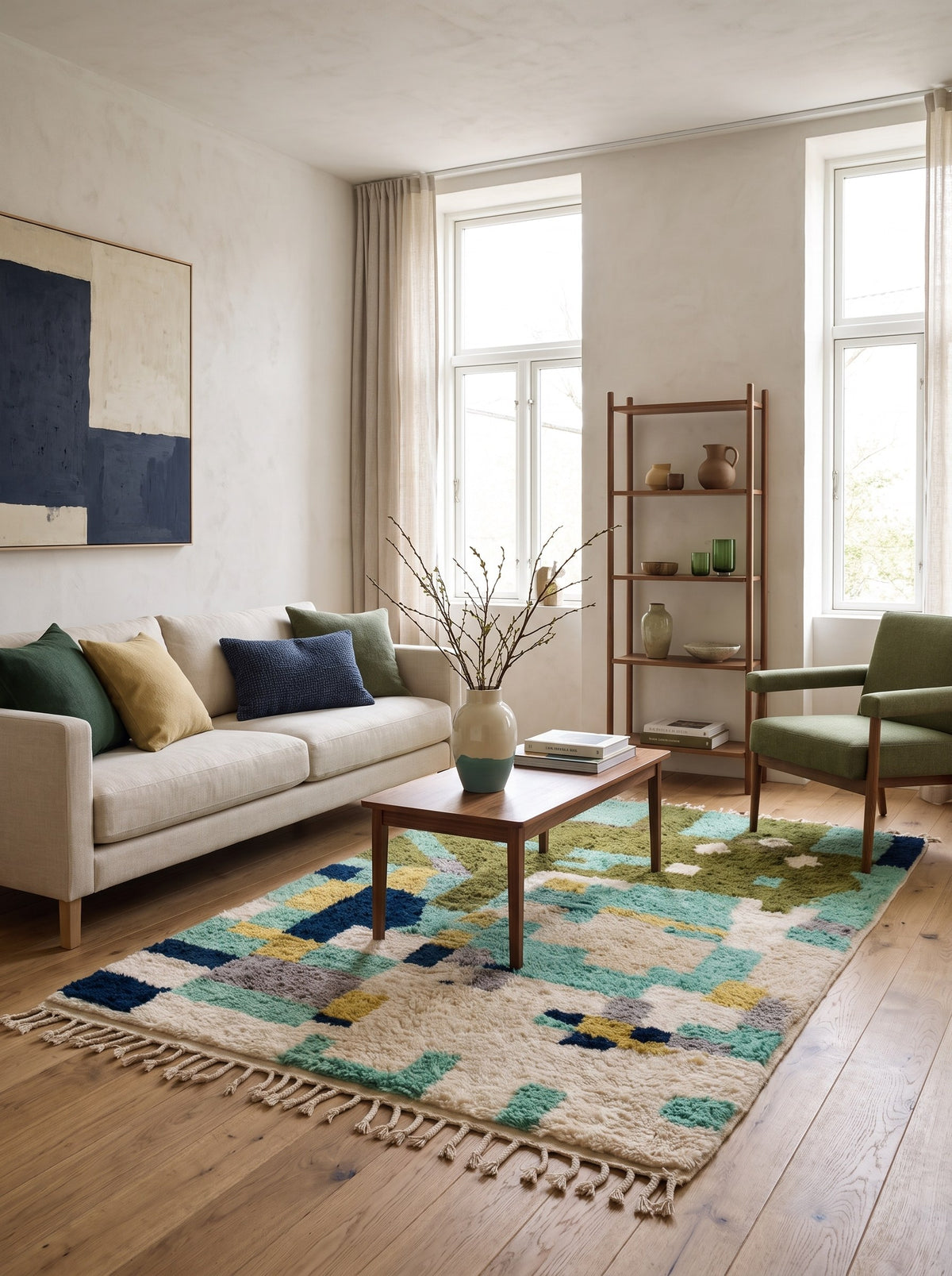 Tapis berbère graphique vert olive Issafen dans un salon, noué main au Maroc