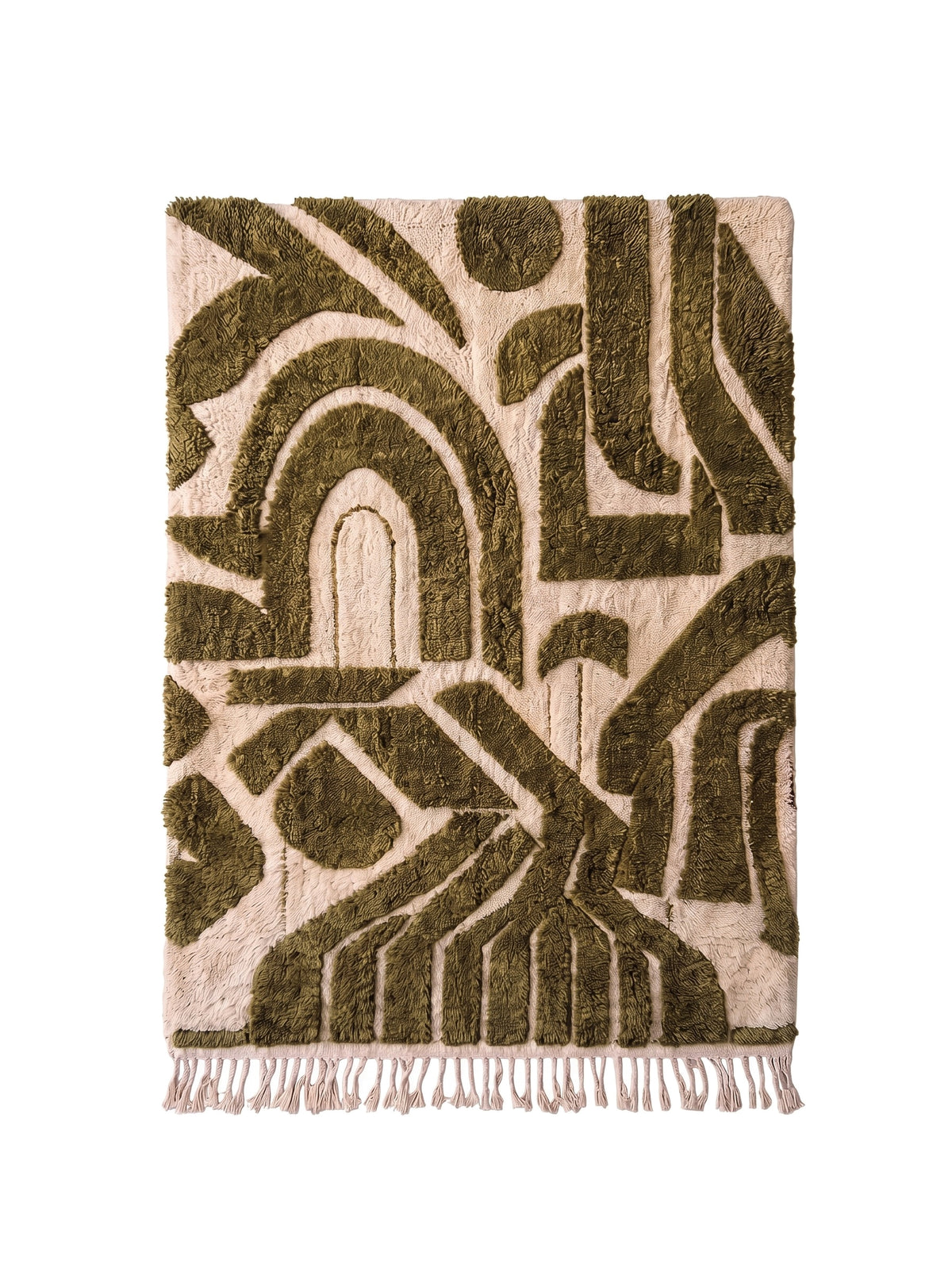 Tapis berbère graphique vert olive Ouirgane vu à plat, champ écru, motifs vert olive en relief, franges écrues en bas seulement