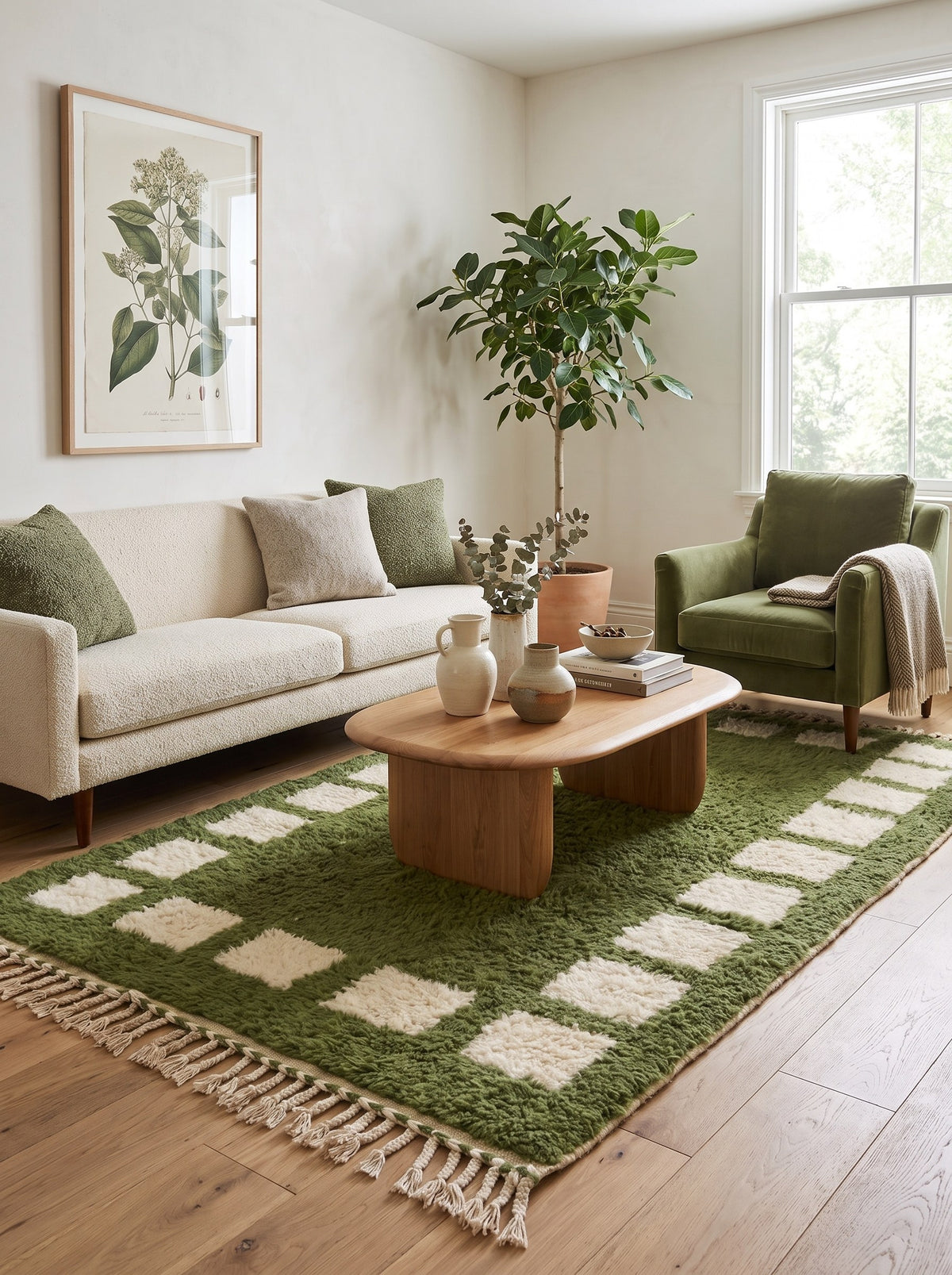 Tapis berbère graphique vert olive Tazouta dans un salon, noué main au Maroc