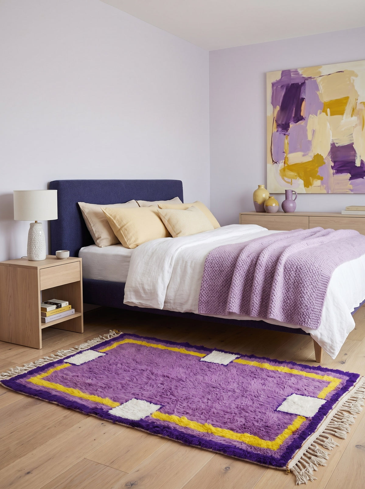 Tapis berbère graphique violet et jaune Tamghra dans une chambre, noué main au Maroc