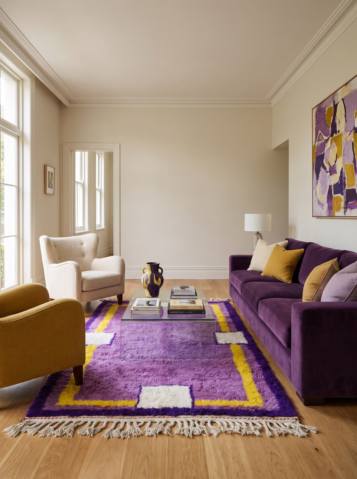Tapis berbère graphique violet et jaune Tamghra dans un salon, noué main au Maroc