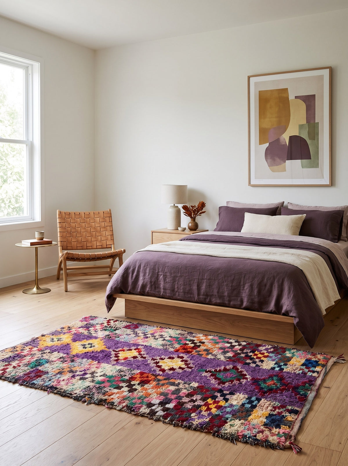 Tapis berbère graphique violet multicolore Agim dans une chambre, noué main au Maroc