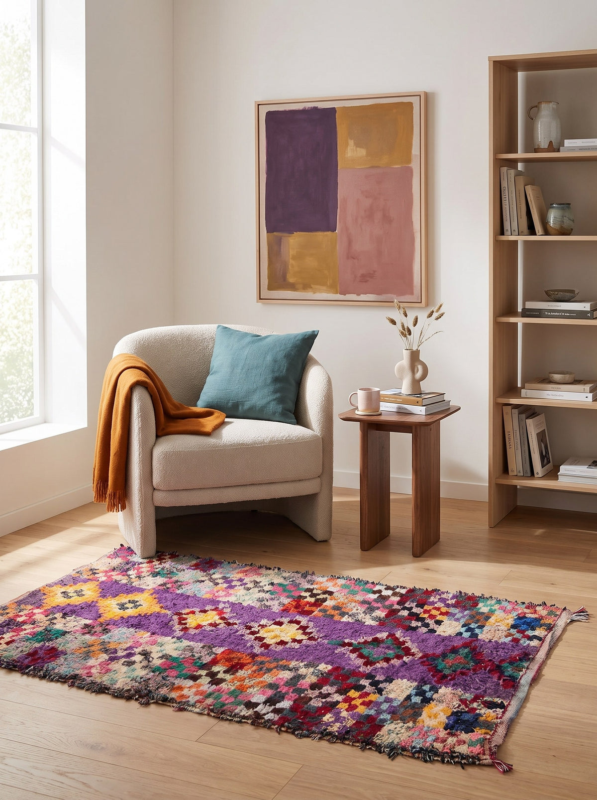 Tapis berbère graphique violet multicolore Agim dans un coin lecture, noué main au Maroc