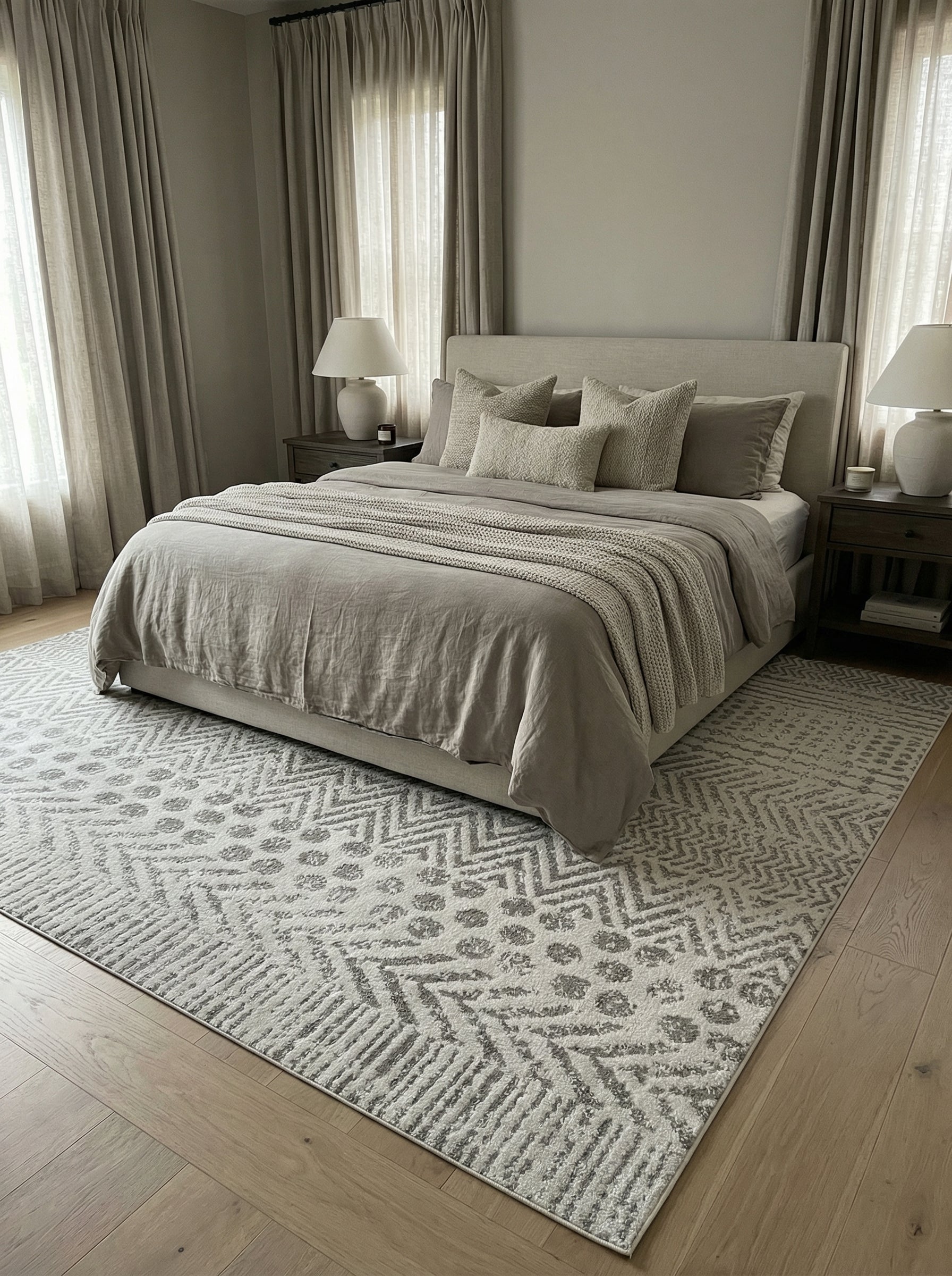 Tapis rectangulaire aux motifs géométriques gris (zigzags et cercles) sur fond blanc cassé, dans une chambre au parquet clair