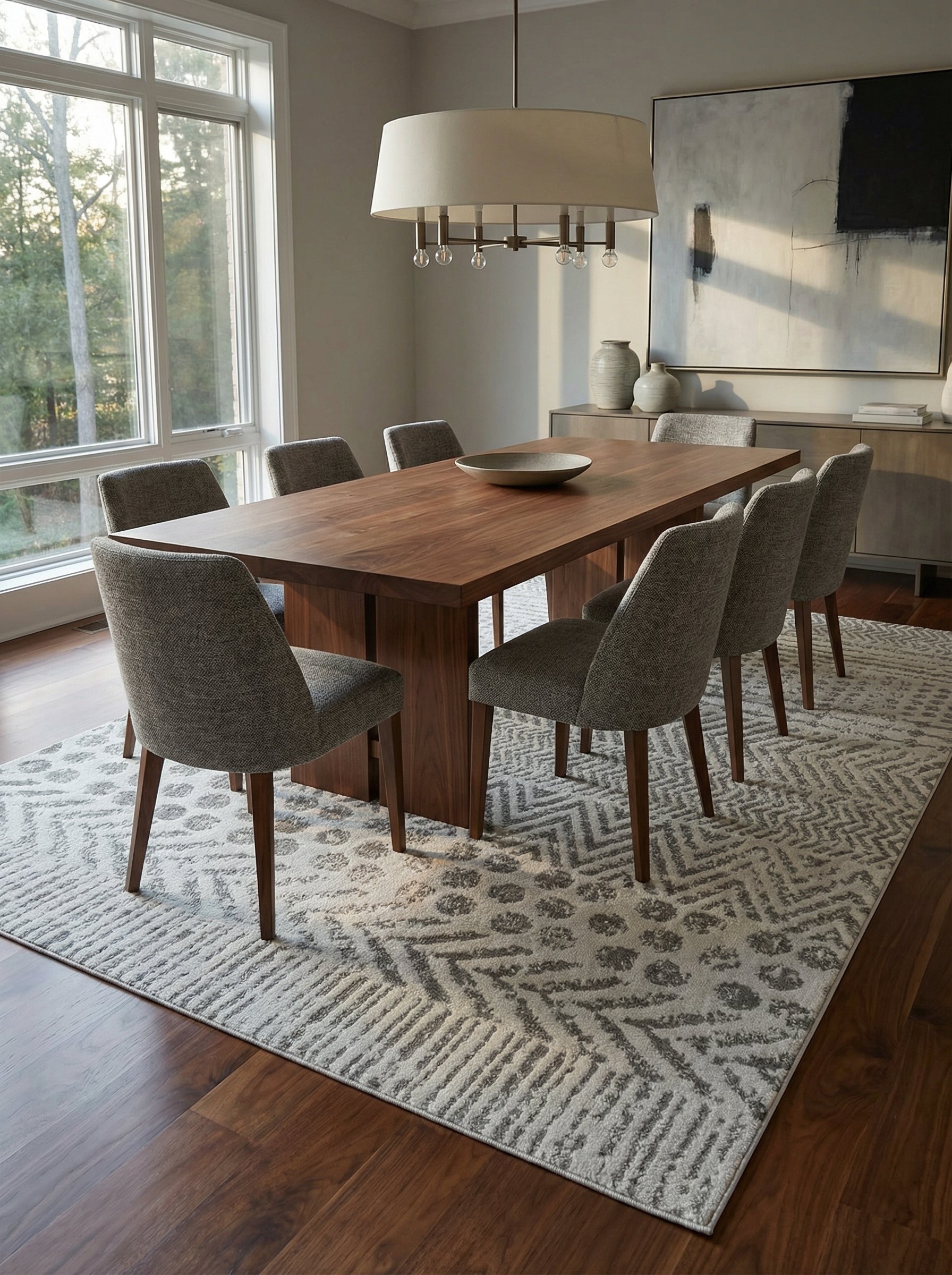 Tapis rectangulaire gris clair à motifs géométriques gris foncé et ronds, posé sous une table à manger en bois dans un salon moderne
