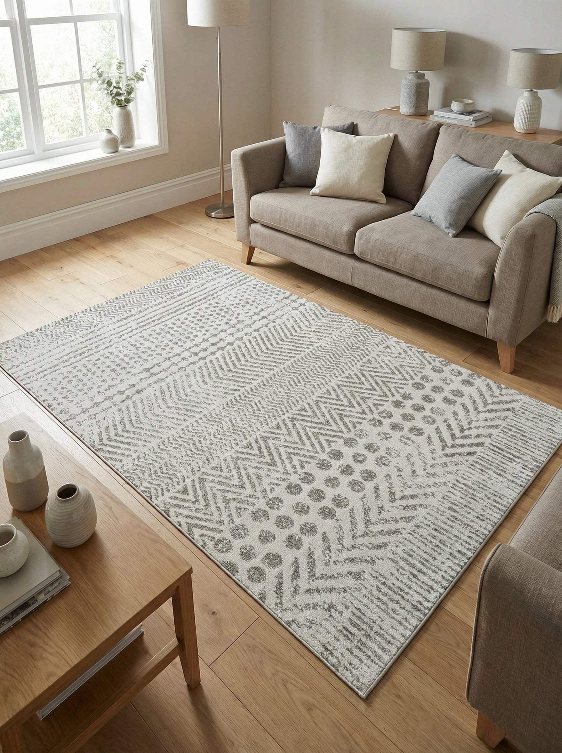 Tapis rectangulaire gris clair avec des motifs géométriques texturés gris foncé, posé sur un parquet dans un salon