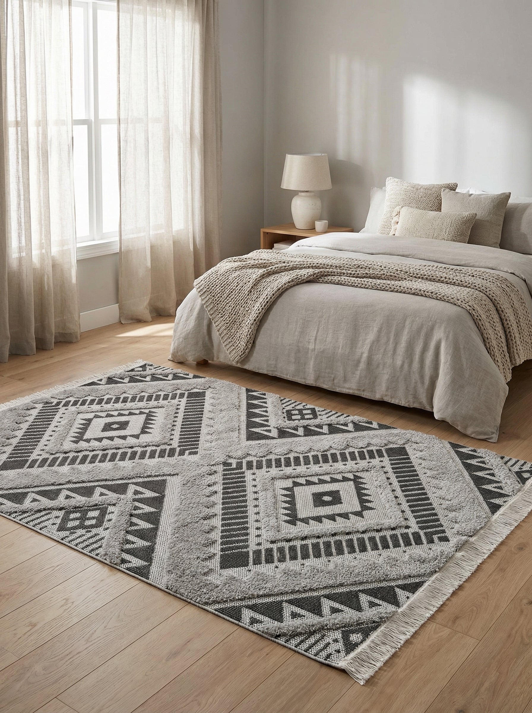Tapis rectangulaire à motifs géométriques noir et gris clair, avec des zones texturées et des franges, sur le parquet d'une chambre