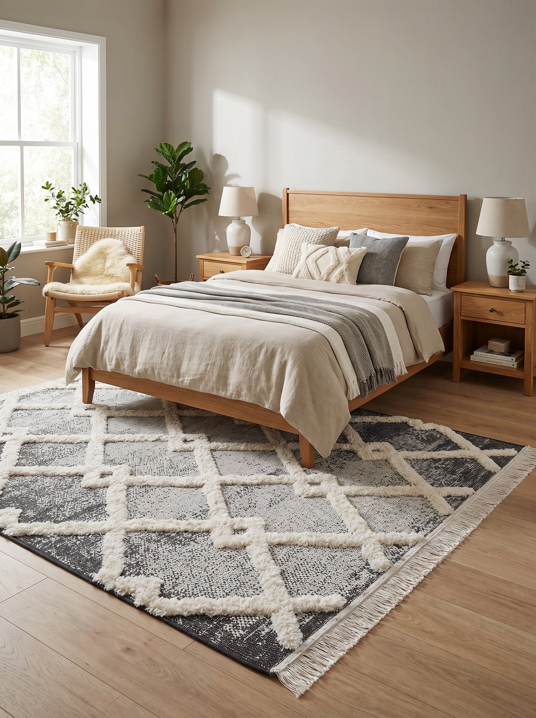 Grand tapis rectangulaire gris foncé et blanc cassé avec des motifs géométriques en relief, posé dans une chambre à coucher lumineuse