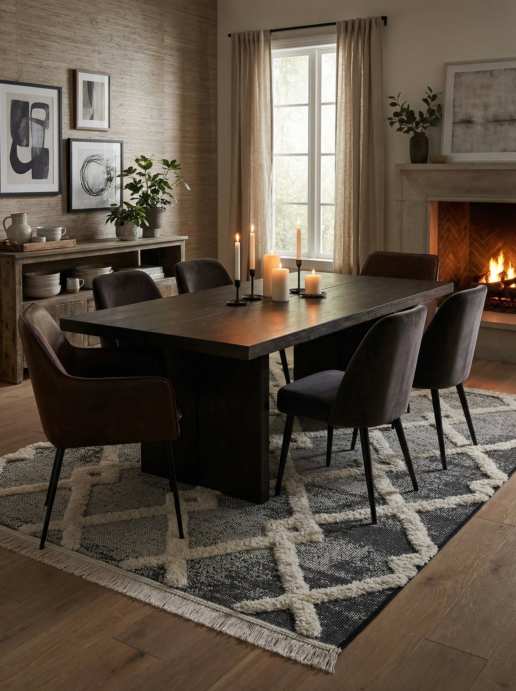 Tapis rectangulaire gris foncé à motifs géométriques crème en relief et franges, posé sous une table de salle à manger