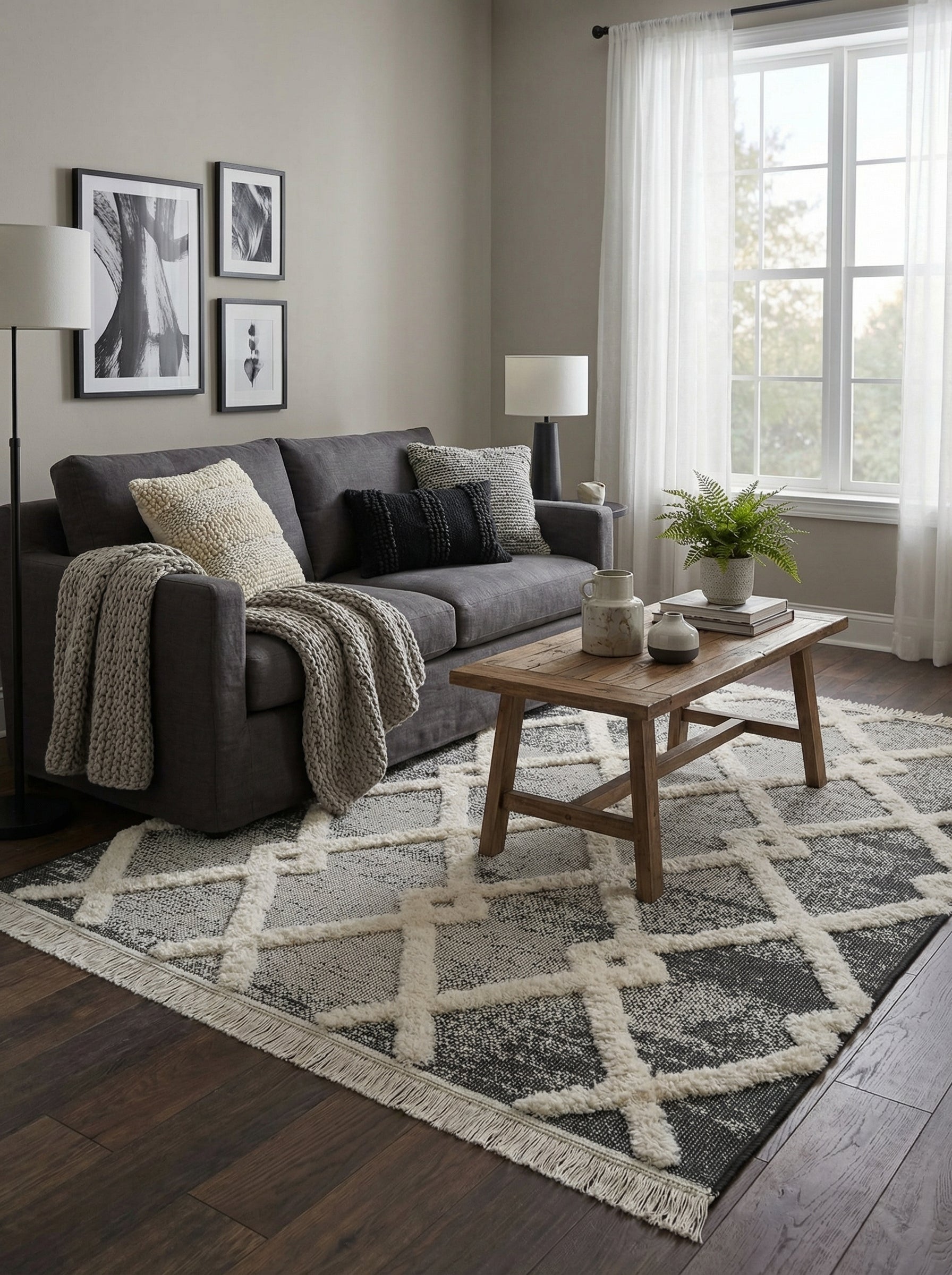 Tapis rectangulaire gris anthracite et crème avec motifs géométriques en losanges touffus, franges claires, dans un salon moderne
