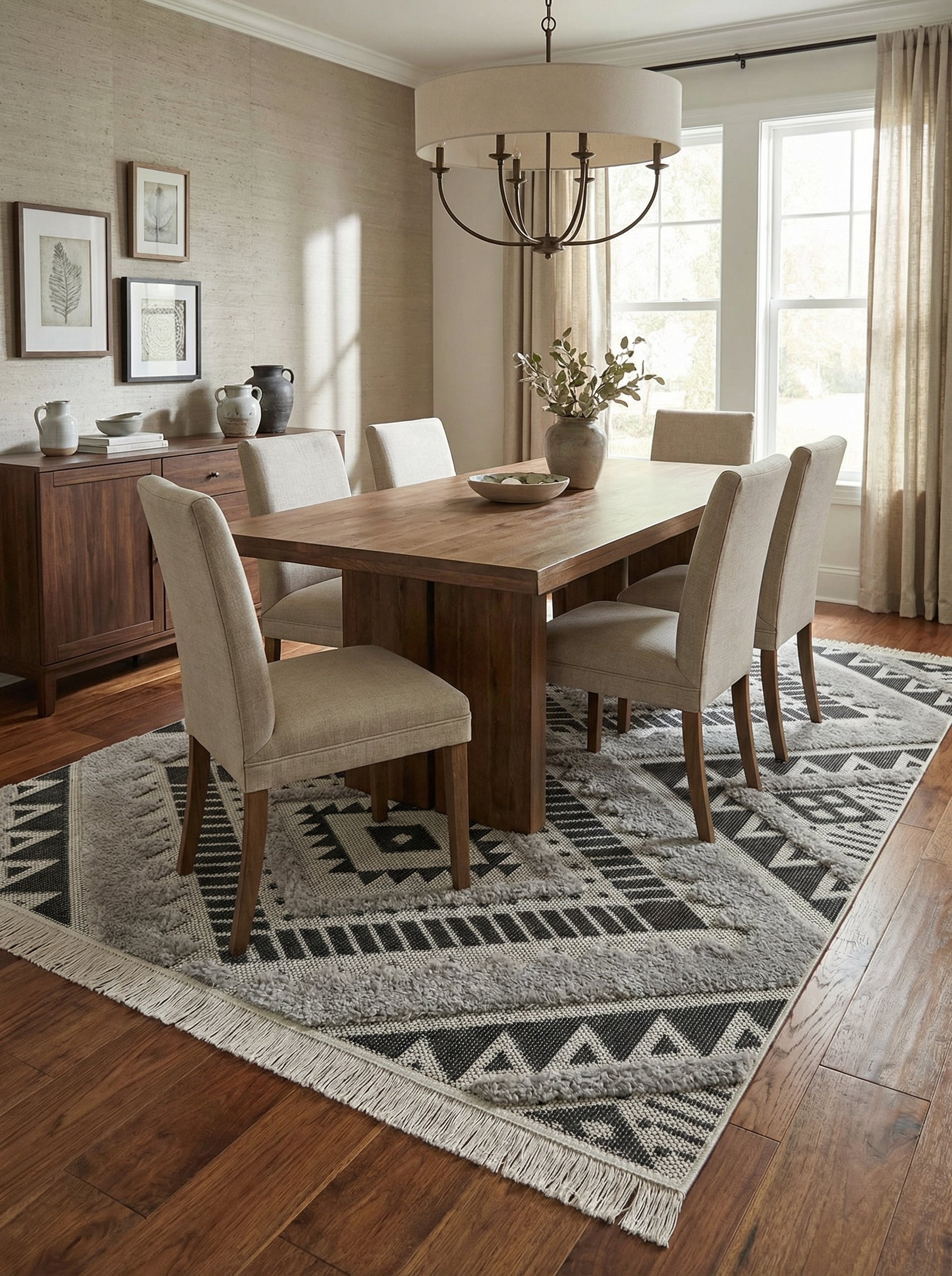 Tapis rectangulaire gris clair et noir, à motifs géométriques tribaux et texture shaggy, dans une salle à manger