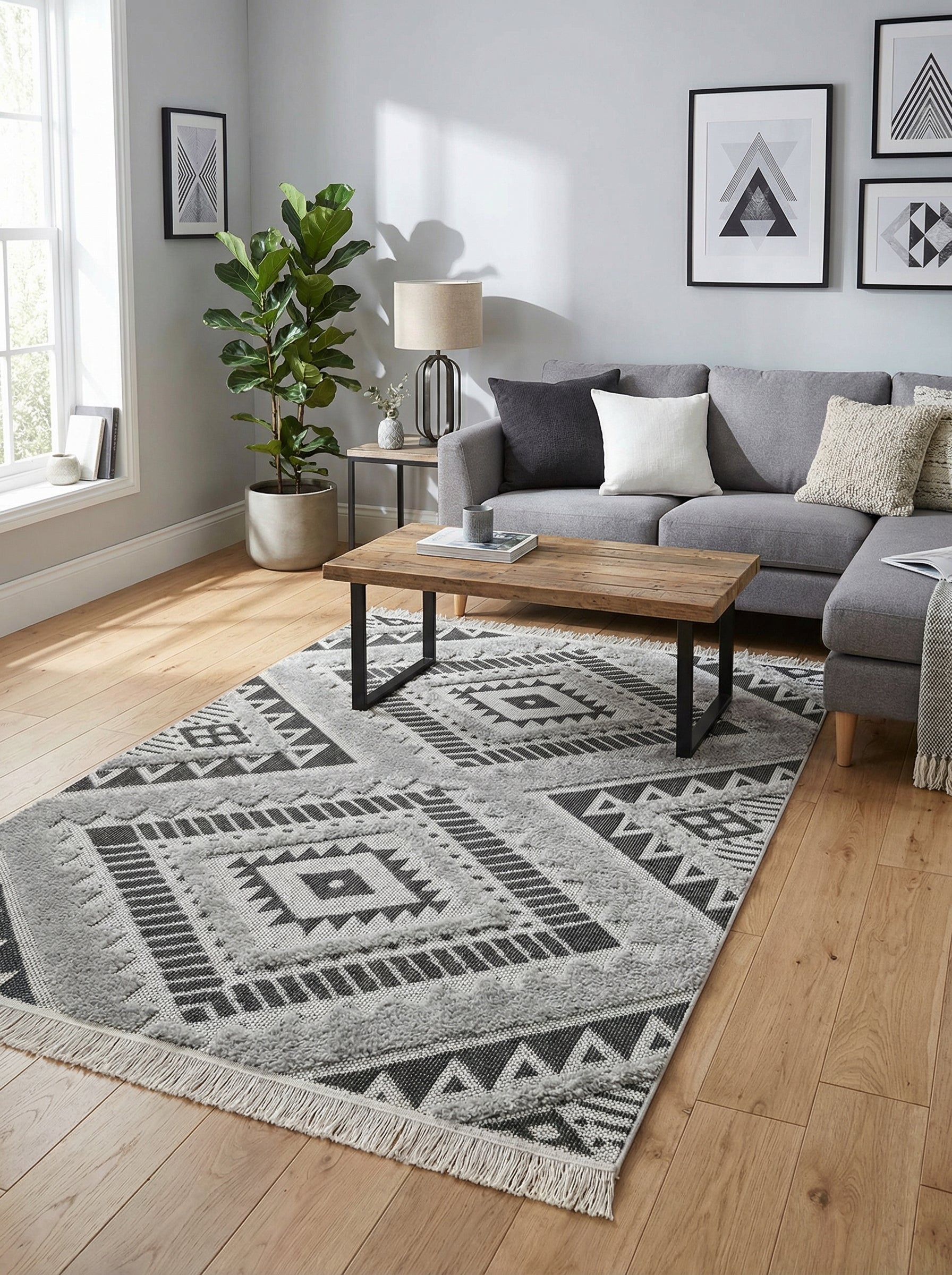 Tapis rectangulaire en gris clair et anthracite à motifs géométriques tribaux, avec des zones à texture épaisse et des franges, dans un salon