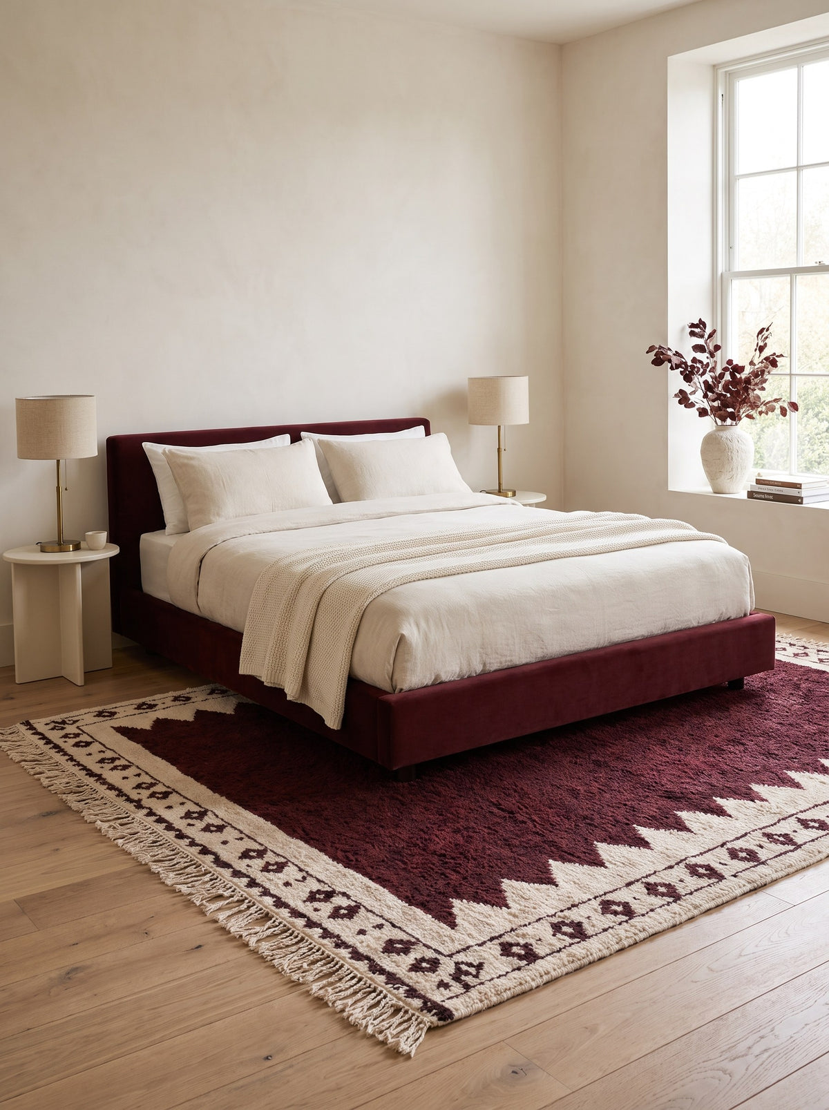 Tapis berbère kilim bordeaux et blanc Tasgalt dans une chambre, noué main au Maroc