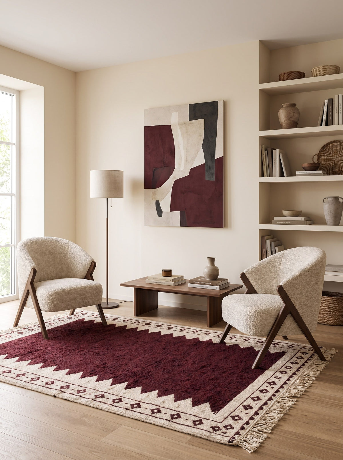 Tapis berbère kilim bordeaux et blanc Tasgalt dans un coin lecture, noué main au Maroc