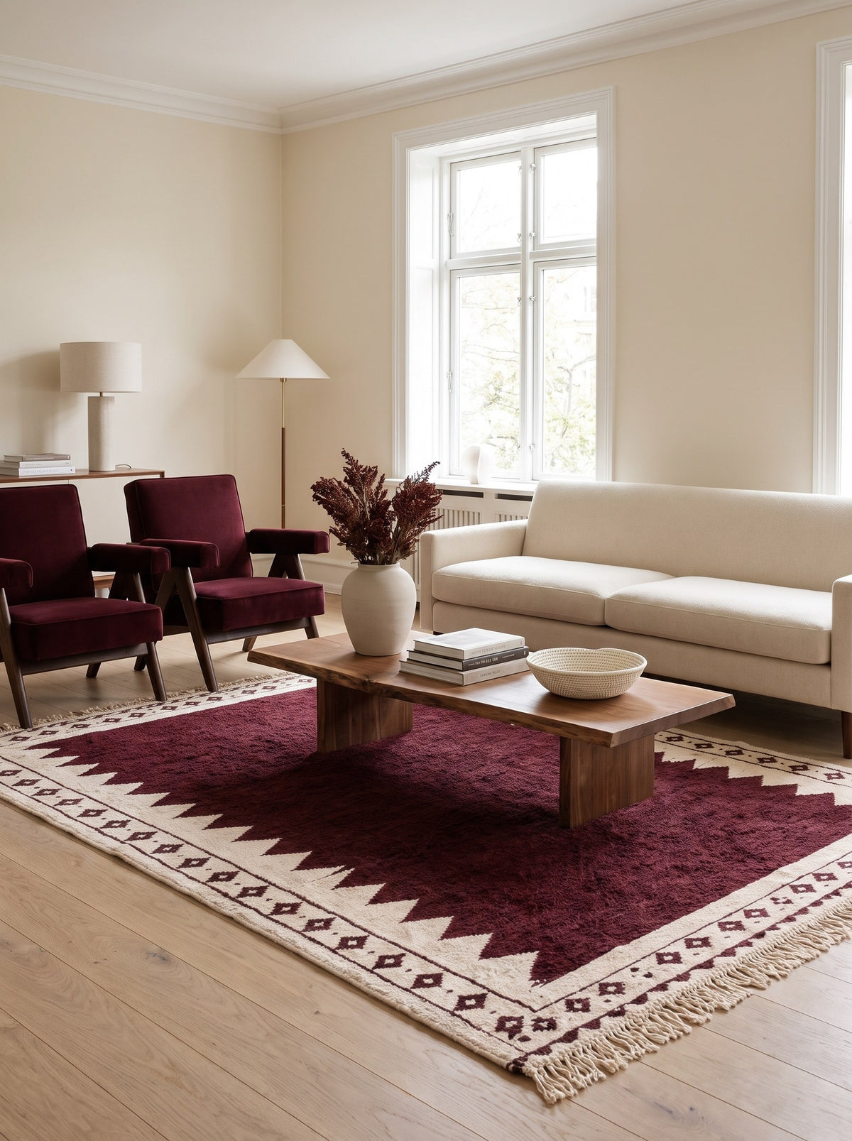 Tapis berbère kilim bordeaux et blanc Tasgalt dans un autre salon, noué main au Maroc