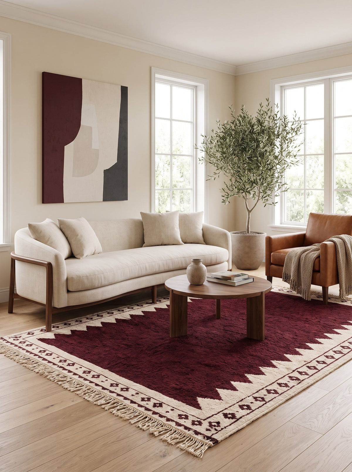 Tapis berbère kilim bordeaux et blanc Tasgalt dans un salon, noué main au Maroc