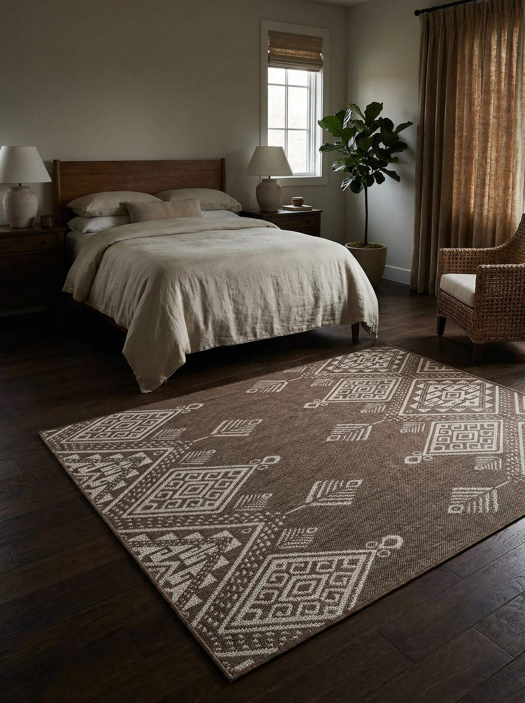 Tapis rectangulaire marron à motifs géométriques crème, tissé, sur un parquet foncé d'une chambre