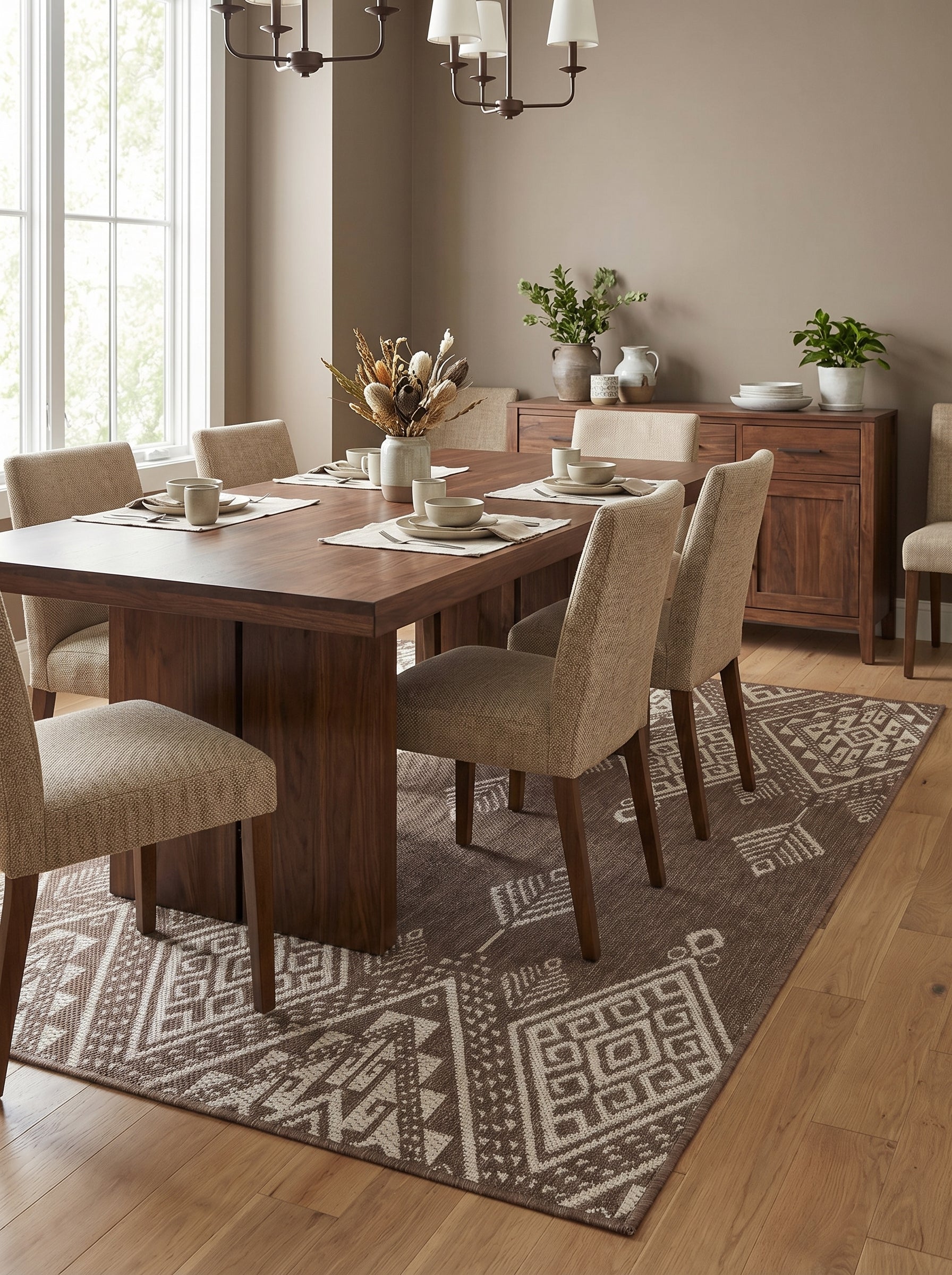 Tapis rectangulaire tissé marron foncé avec motifs géométriques tribaux beiges clairs, dans une salle à manger