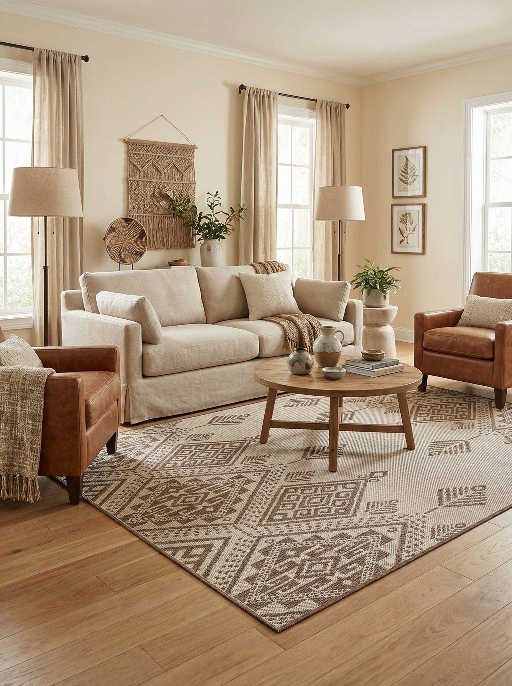 Grand tapis rectangulaire beige clair tissé avec des motifs géométriques marron foncé, posé sur parquet dans un salon chaleureux