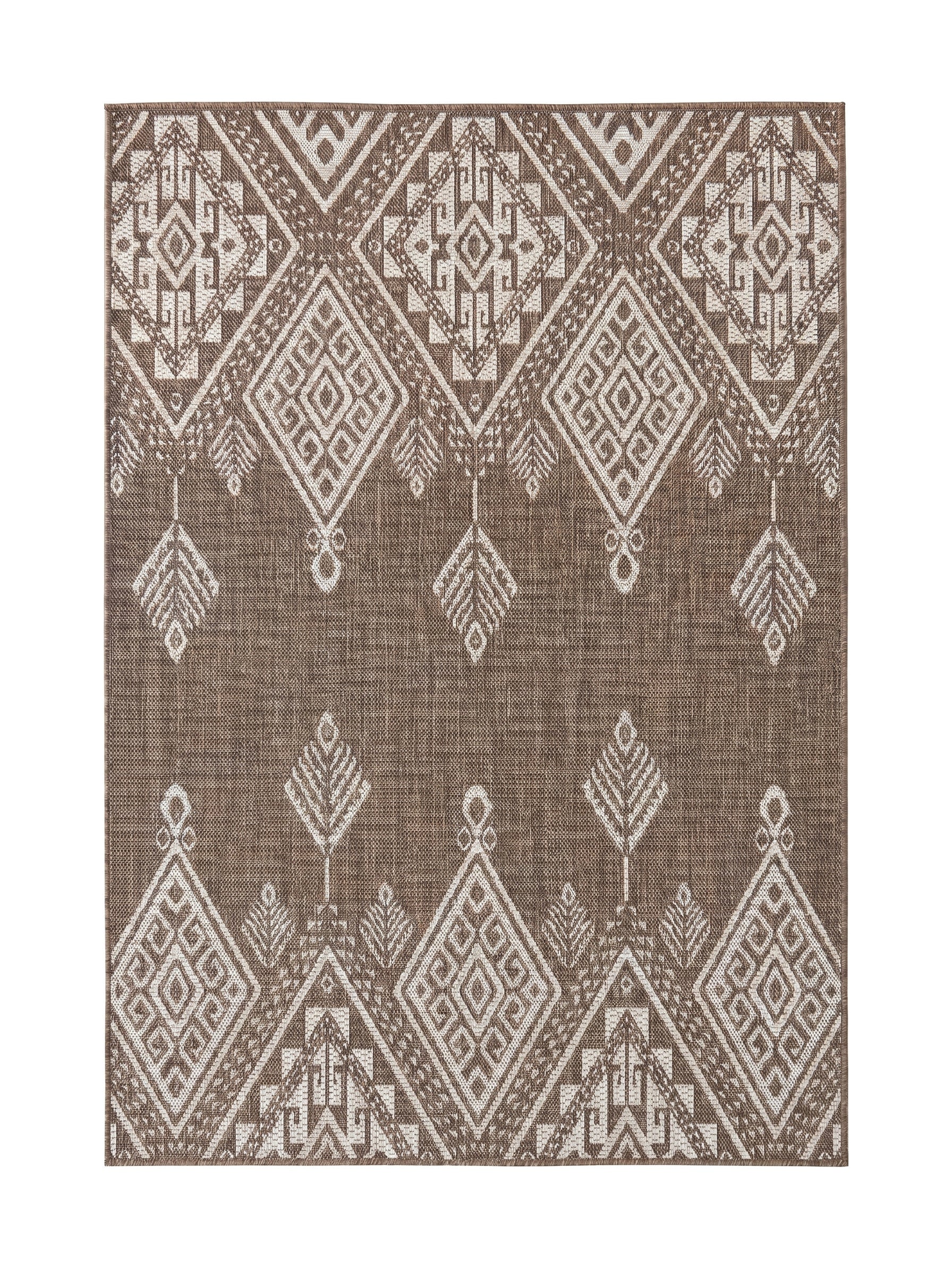 Tapis tissé marron et blanc cassé, orné de motifs géométriques complexes comprenant des losanges et des formes stylisées