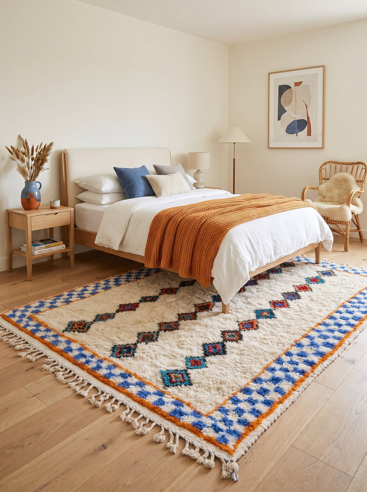 Tapis berbère style Azilal blanc et bleu Ifilan dans une chambre, noué main au Maroc