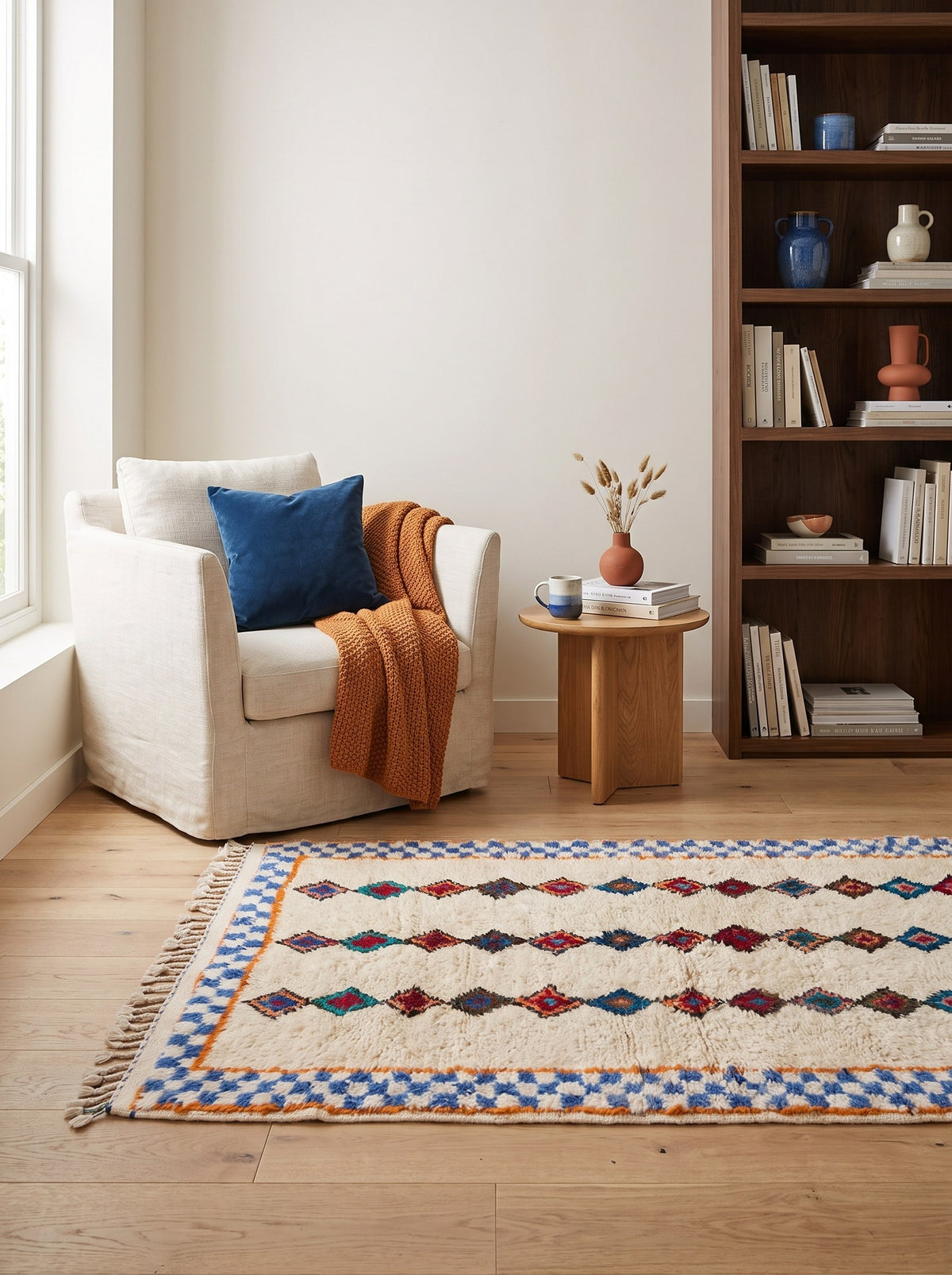 Tapis berbère style Azilal blanc et bleu Ifilan dans un coin lecture, noué main au Maroc