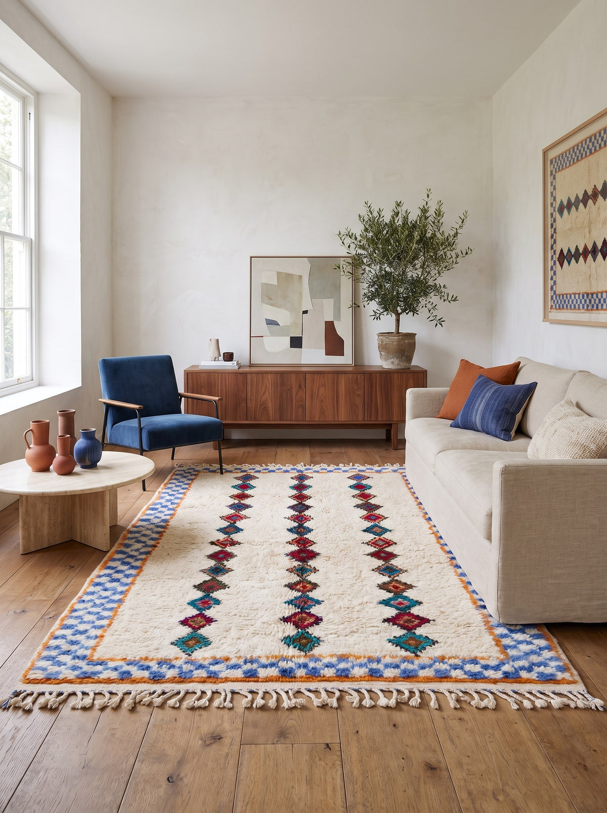 Tapis berbère style Azilal blanc et bleu Ifilan dans un autre salon, noué main au Maroc