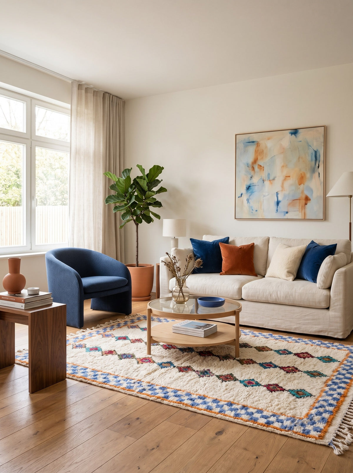 Tapis berbère style Azilal blanc et bleu Ifilan dans un salon, noué main au Maroc
