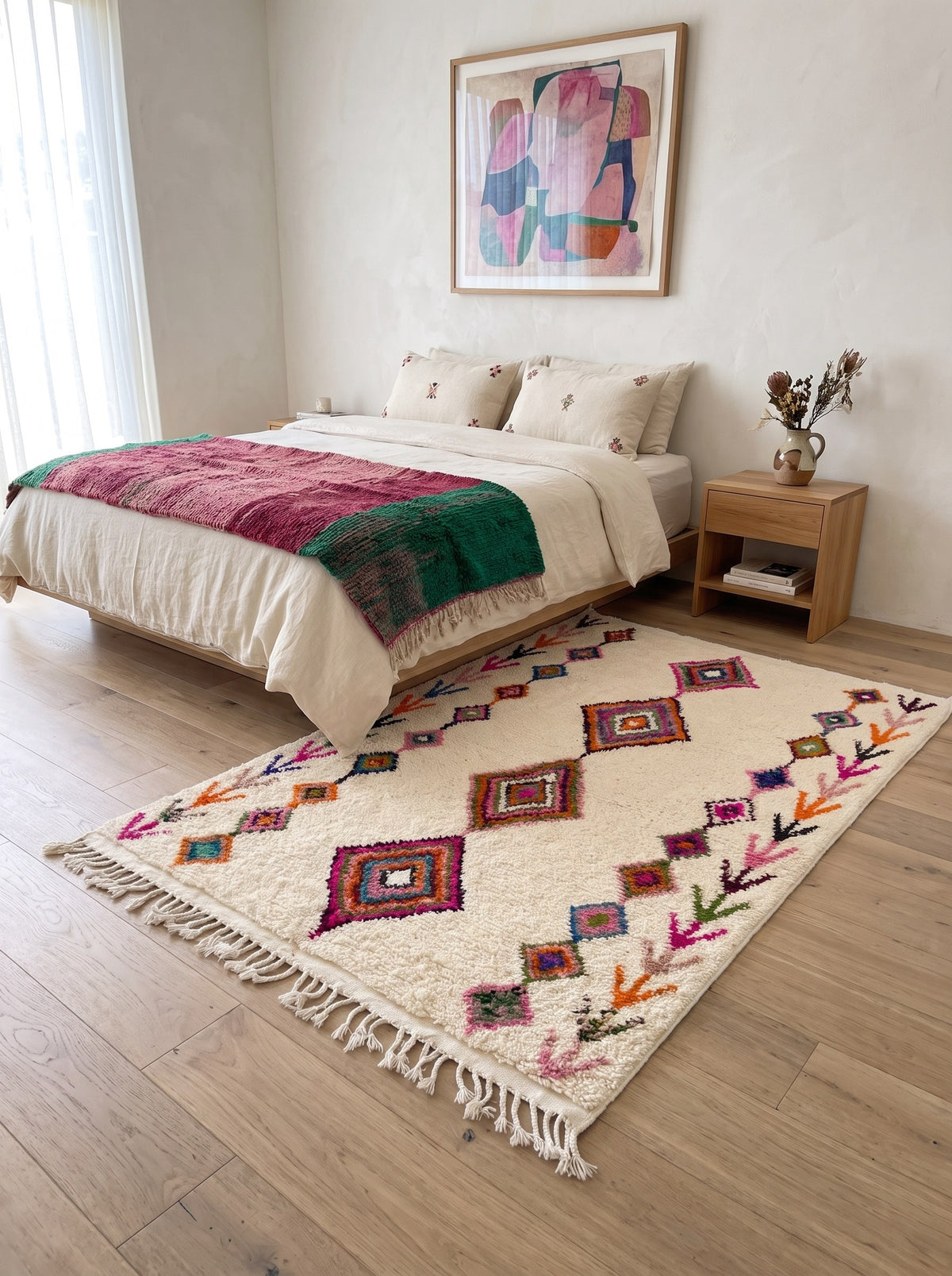 Tapis berbère style Azilal blanc et fuchsia Kessila dans une chambre, noué main au Maroc