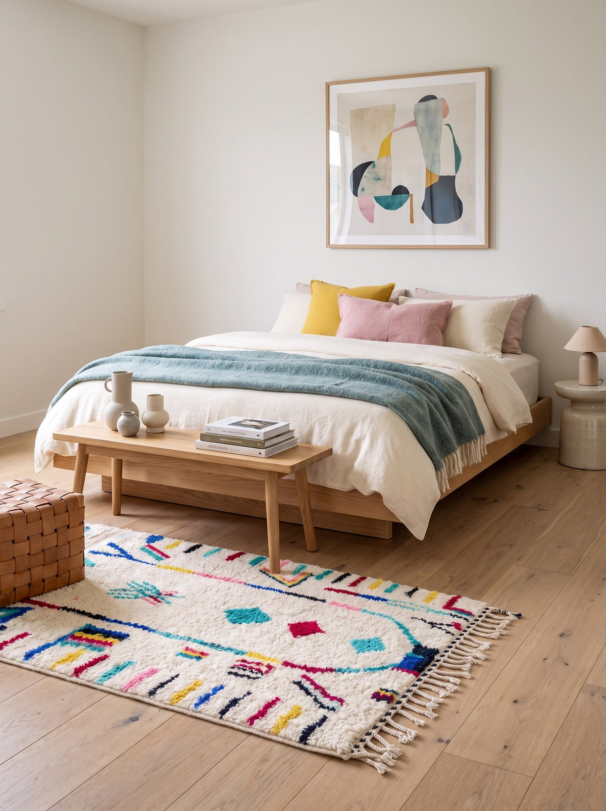 Tapis berbère style Azilal blanc et multicolore Asekkil dans une chambre, noué main au Maroc