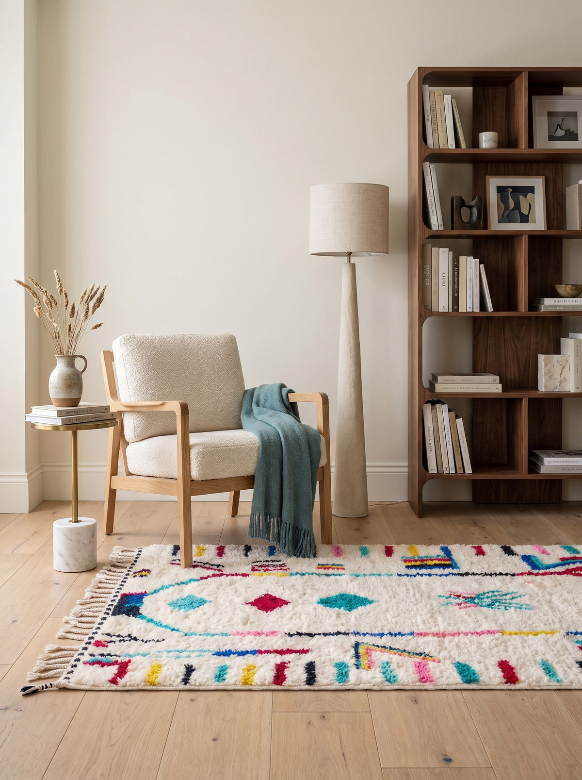 Tapis berbère style Azilal blanc et multicolore Asekkil dans un coin lecture, noué main au Maroc