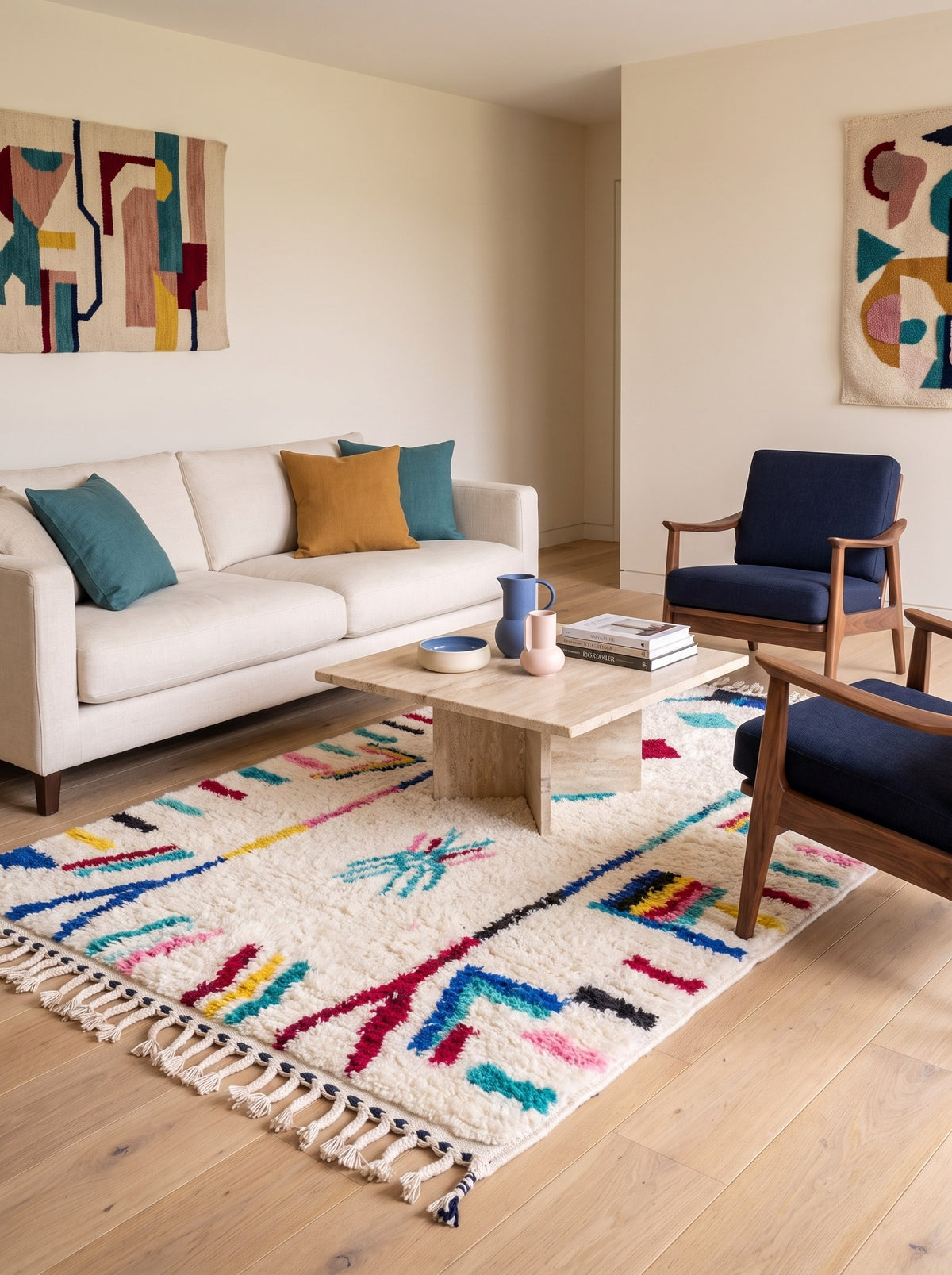 Tapis berbère style Azilal blanc et multicolore Asekkil dans un autre salon, noué main au Maroc