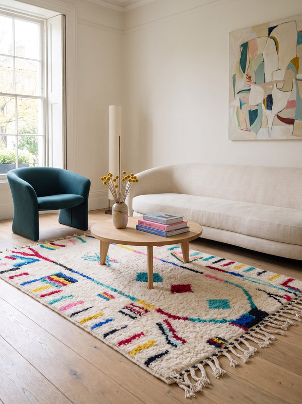 Tapis berbère style Azilal blanc et multicolore - Asekkil