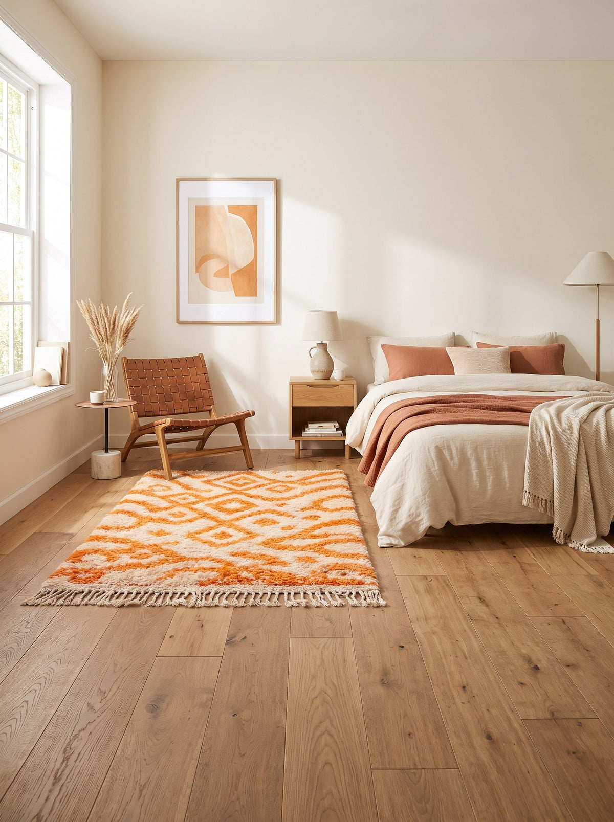 Remlia Berber rug, Azilal style, in white and orange, in a bedroom, hand-knotted in Morocco